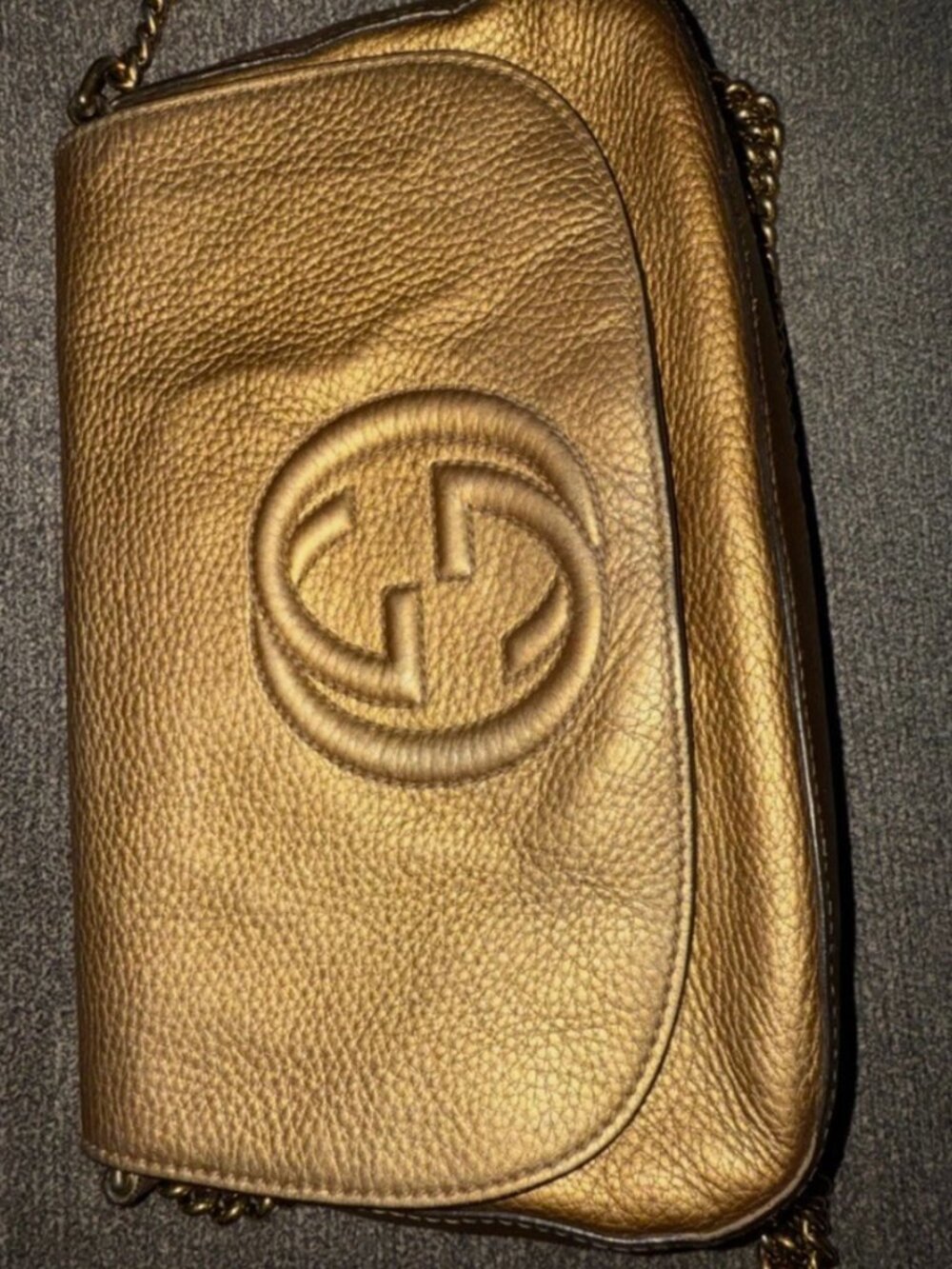 Authentic Gucci Metallic Gold Soho Chain Flap Bag Shoulder Crossbody